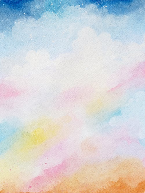 Preview: Sky blue with cloud background , Watercolor Horizon beach sunset with yellow, orange pink on spring