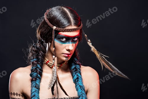 Preview: Beautiful young woman in fighting colors Indians Apaches. Fashion portraits of beautiful girl