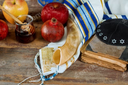 Preview: Honey and apples on shofar horn jewish holiday Rosh Hashanah torah book, kippah a yamolka talit