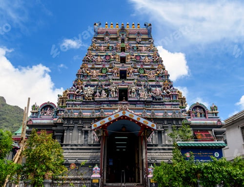 Preview: Low angle view of a beautiful Hindu temple in Victoria, Seychelles.