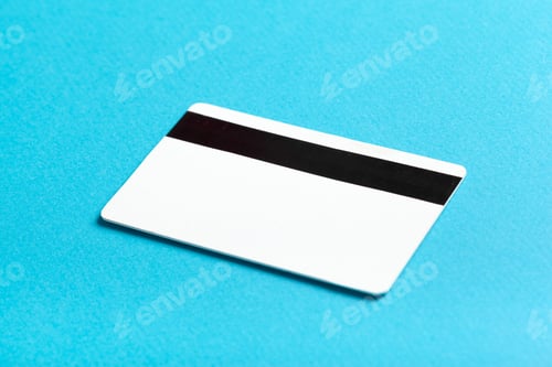 Preview: White card with black stripe on a blue background shows card details and design