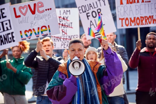 Preview: Group Of Protestors With Placards And Megaphone On Demonstration March For Gender Equality