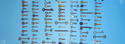 Preview: Keys set on blue background. Door lock keys and safes for property security and house protection