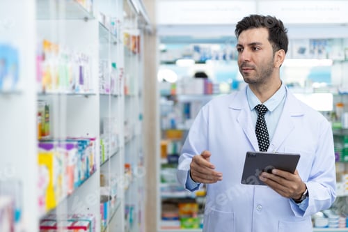 Preview: man pharmacists are selecting medications for patients online via tablet in drug store.