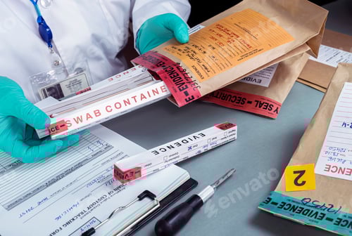 Preview: Forensic police check files against evidence in crime lab, conceptual image