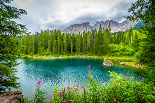 Preview: Turquoise lake carezza reflecting latemar mountain range in dolomites, italy