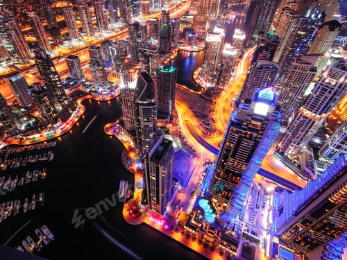 Preview: Majestic colorful dubai marina skyline during night. Dubai marina, United Arab Emirates.