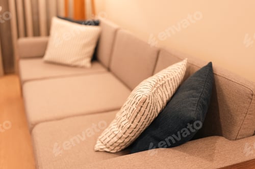 Preview: Cozy elegant hotel room interior with bed, soft white linens, warm ambient lighting