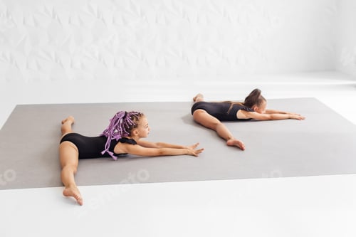Preview: Rhythmic gymnastics. Flexible children working out in gym and making their bodies healthy.