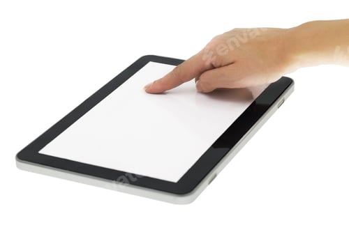 Preview: Female hand pointing on tablet with blank screen isolated