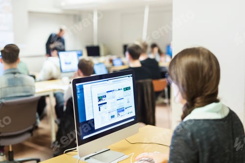 Preview: Rear view of female student using computer in media class