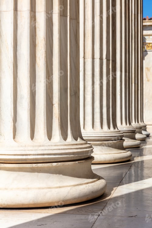 Preview: Classical Pillar white marble. Ancient Greek column row, architecture detail. close up