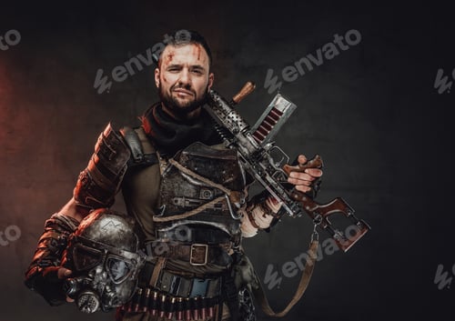 Preview: Confident stalker holding rifle and helmet in dark background