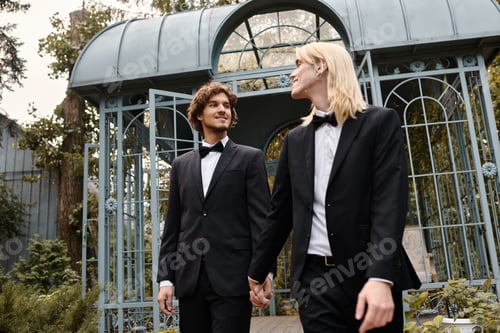 Preview: Two young men in formal attire share a moment of joy in a beautiful garden setting