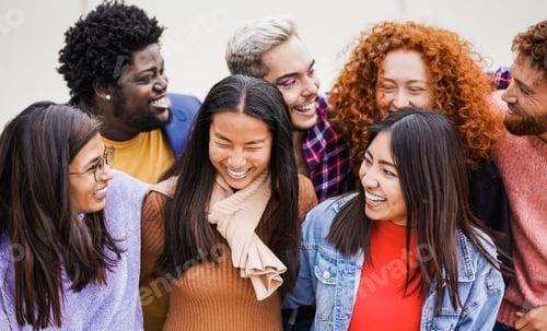 Preview: Group of multiracial people laughing together in the city - Concept of diversity