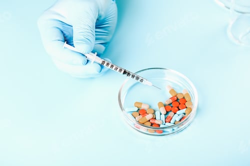 Preview: Abstract medical background. doctor's hands in medical gloves hold multicolored pills