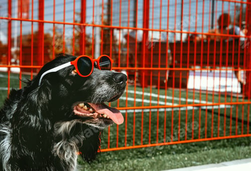 Preview: Cute black spaniel dog wearing red glasses on red background. Cute summer greeting card with pet.