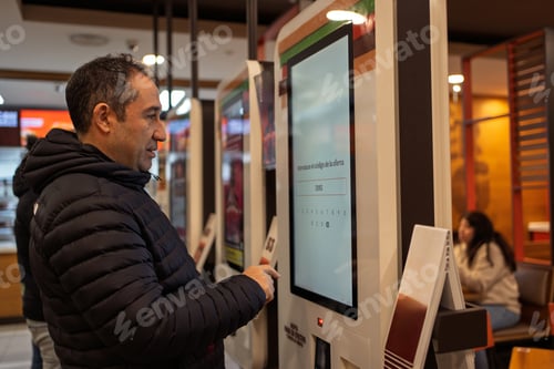Preview: Man using self-service kiosk for ordering food at restaurant