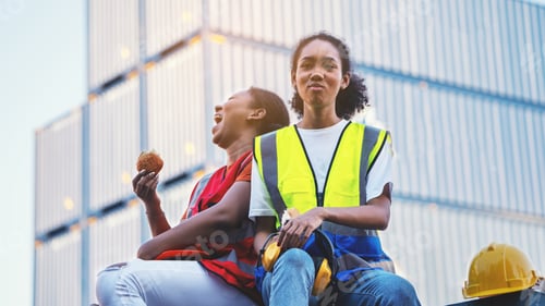 Preview: smile two African american woman foreman worker eats bread snacks and water during brunch break