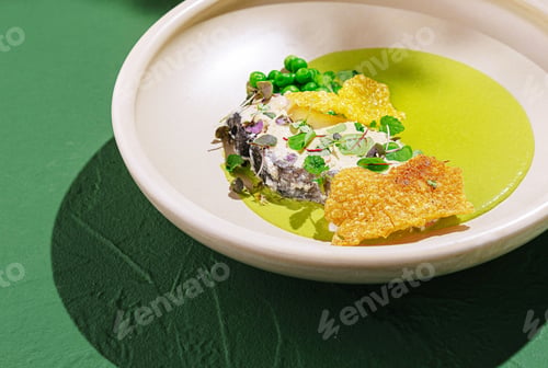 Preview: Exquisite dish featuring crispy elements and vibrant green sauce