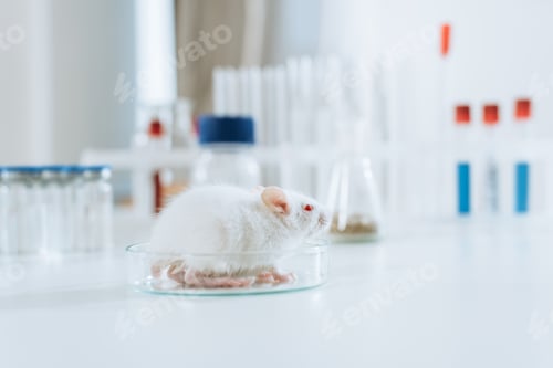 Preview: selective focus of white mouse in petri dish near containers with medicines and test tubes