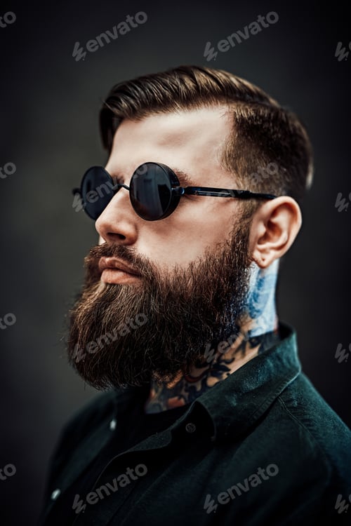 Preview: Portrait of a cool bearded male in sunglasses on a dark background