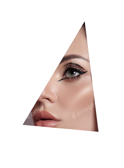 Preview: Beauty makeup women, eye brows eyelashes and lips in a triangular hole paper white background