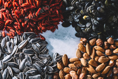 Preview: A mix of different healthy snacks. Superfoods.