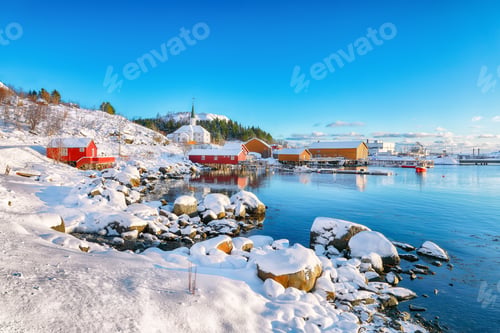 Preview: Awesome winter scenery of Moskenes village with ferryport and famous Moskenes parish Churc
