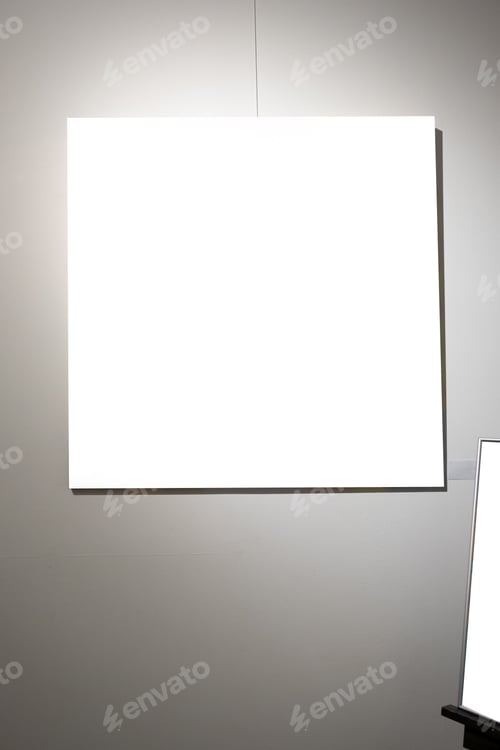 Preview: Blank picture frames on grey wall with glowing lamp, mock up