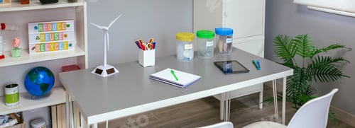 Preview: Environmental classroom with selective trash bins and windmill over table