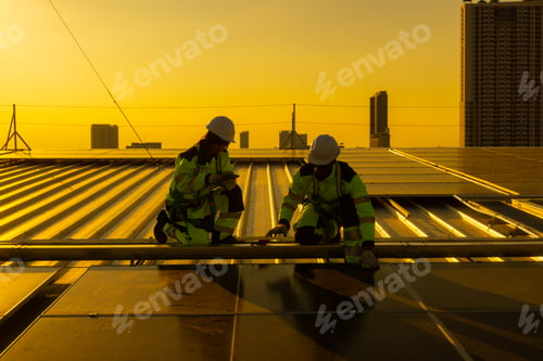 Preview: Solar Technicians Discussing Installation on Rooftop