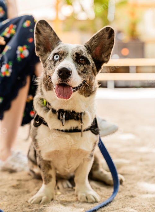 Preview: Corgi Dog Sitting next to his owners leg on a leash in Beach area rest zone