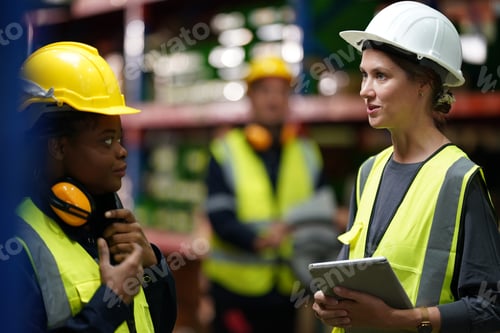 Preview: Warehouse Industrial supply chain and Logistics Companies inside. Warehouse workers checking the inv