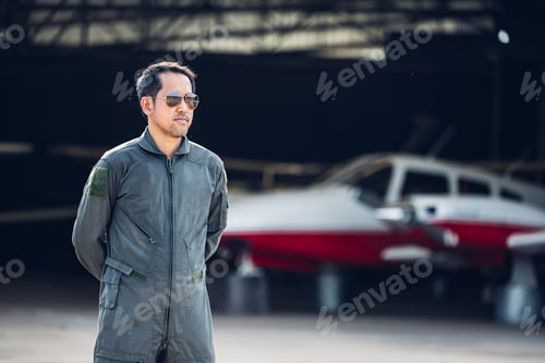 Preview: Pilot in uniform at airport. Asian Confident male pilot in uniform and checking flight plan