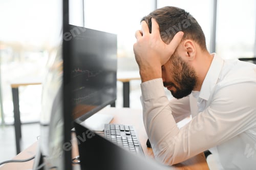 Preview: Stressed business man crypto trader broker investor analyzing stock exchange market crypto trading