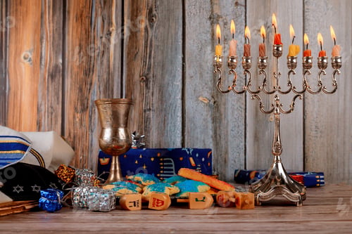 Preview: Hanukkah with menorah jewish holiday traditional Candelabra and wooden dreidels spinning top