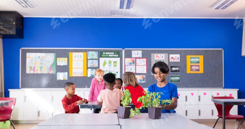 Preview: In school, diverse children working together on plant project in classroom