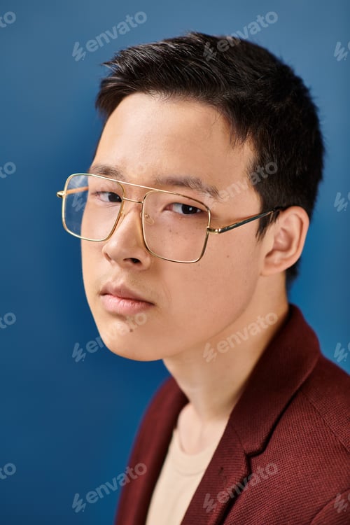 Preview: good looking asian teenage boy with glasses in stylish attire looking at camera on blue backdrop