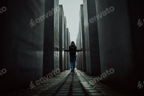 Preview: October 2021 - Berlin, Germany. Woman stands in dark maze between tall blocks in Holocaust