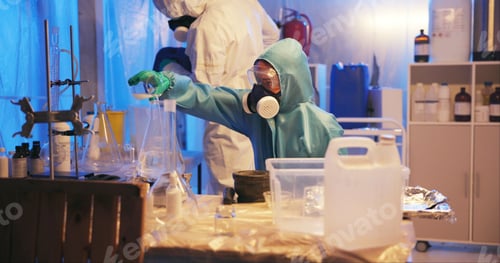 Preview: Drugs, person and hazmat with chemicals for production of illegal substances, beaker and crystal me