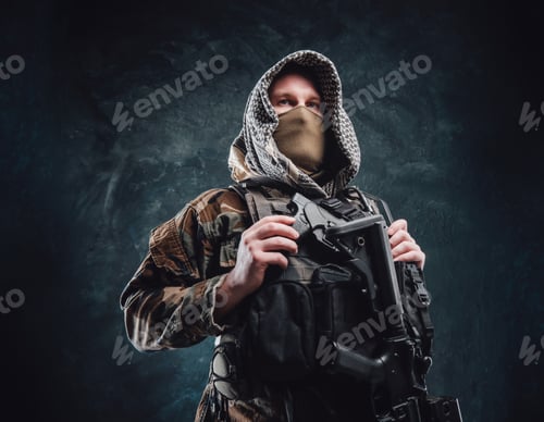Preview: Soldier assassin with a hood and a rifle in dark background