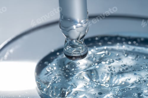Preview: close up of pipette with pouring liquid serum gel and shadows on blue background. Trendy cosmetics