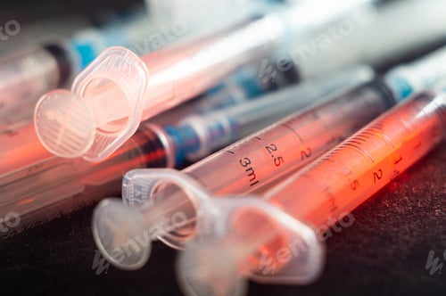 Preview: Closeup shot of a bunch of new unused syringes