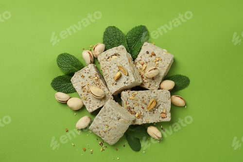 Preview: Concept of tasty food with halva on green background