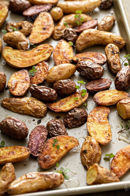 Preview: Roasted crispy fingerling potatoes on a sheet pan
