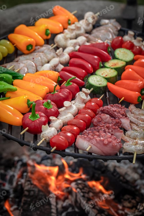 Preview: Healthy and tasty grilled shashlik on a fire grilled.