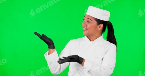 Preview: Green screen, woman face and chef hand pointing to checklist, menu and offer on mockup background.