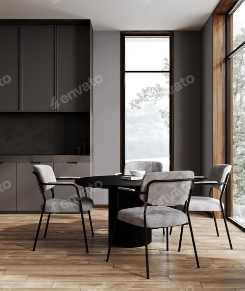 Preview: Modern dark grey kitchen interior, 3d rendering