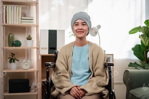 Preview: Young woman have a sick with cancer her confident feeling happy lifestyle in living room at home.